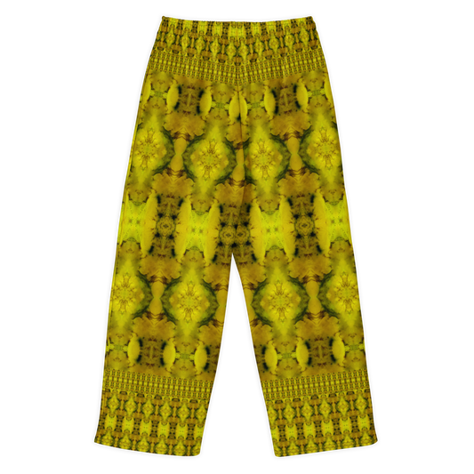 Back view of Purely Jade Light cotton wide leg trousers with elastic waistband and gold jade print with symmetrical mineral medallions by River Jade Smithy.