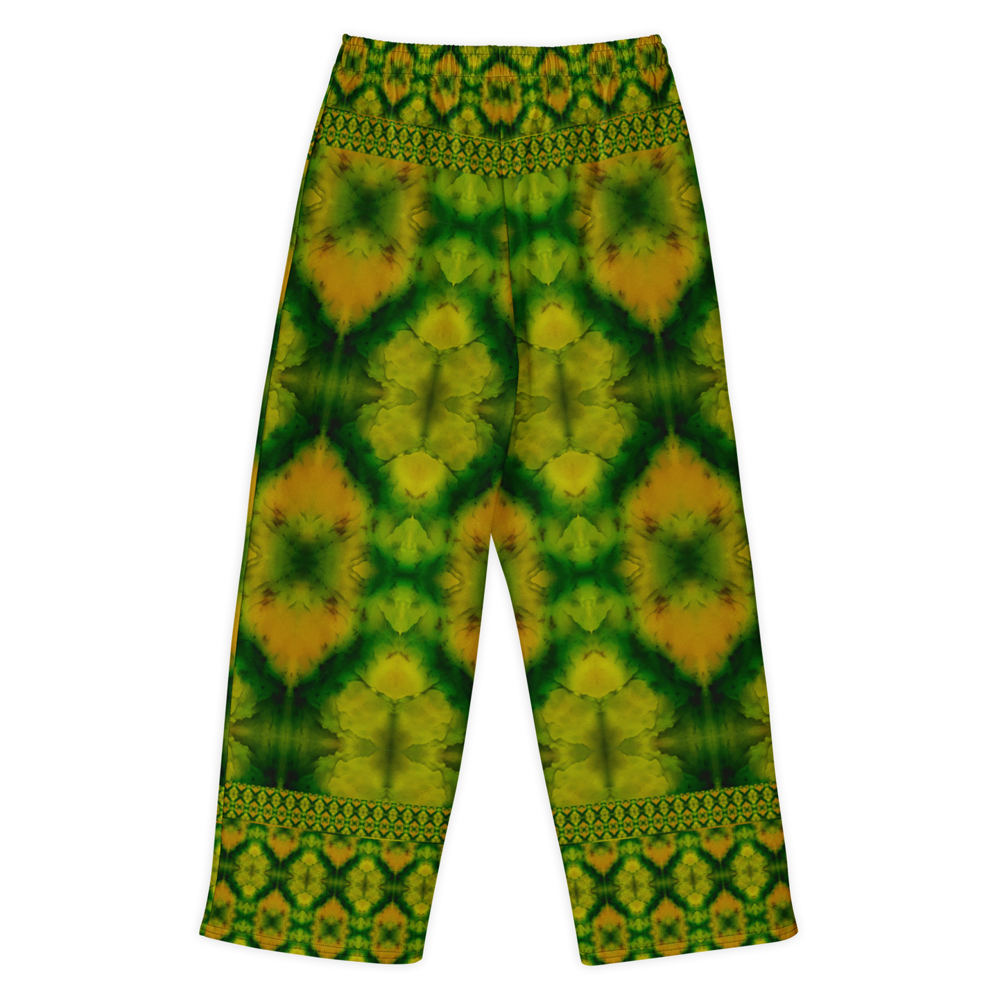 Back view of Purely Jade Light cotton wide leg trousers with elastic waistband and green-and-gold jade print with large rounded medallions and patterned bands by River Jade Smithy.
