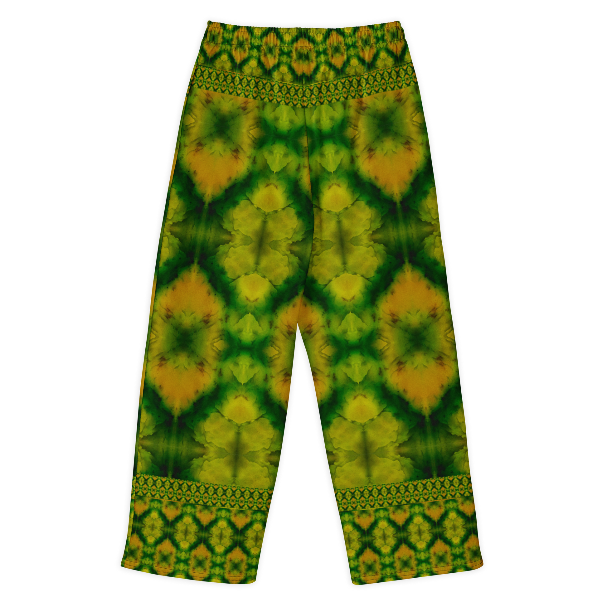 Back view of Purely Jade Light cotton wide leg trousers with elastic waistband and green-and-gold jade print with large rounded medallions and patterned bands by River Jade Smithy.