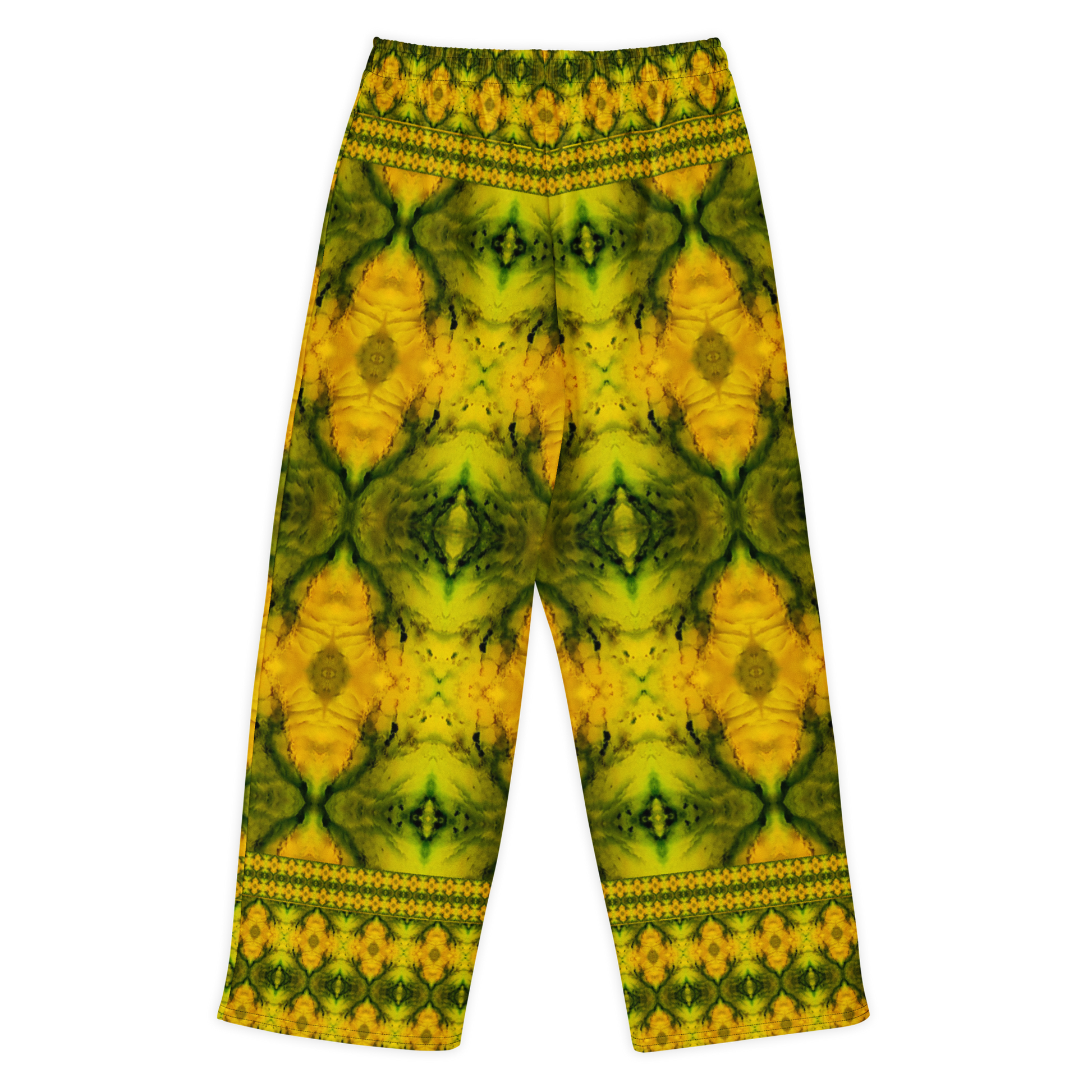 Back view of Purely Jade Light cotton wide leg trousers with elastic waistband and gold-and-green jade print with large faceted medallions and border bands by River Jade Smithy.