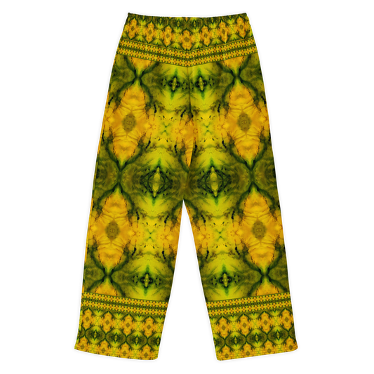 Back view of Purely Jade Light cotton wide leg trousers with elastic waistband and gold-and-green jade print with large faceted medallions and border bands by River Jade Smithy.