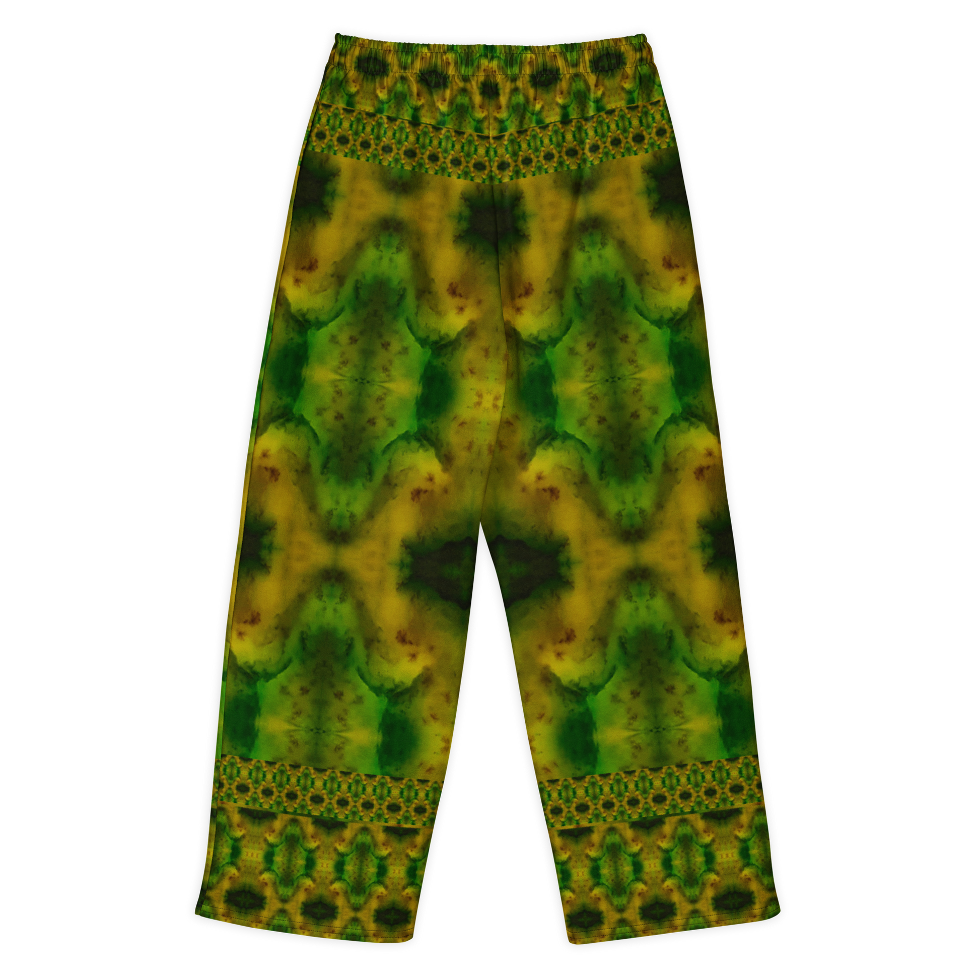 Back view of Purely Jade Light cotton wide leg trousers with elastic waistband and deep green and gold jade print with large mirrored chambers by River Jade Smithy.