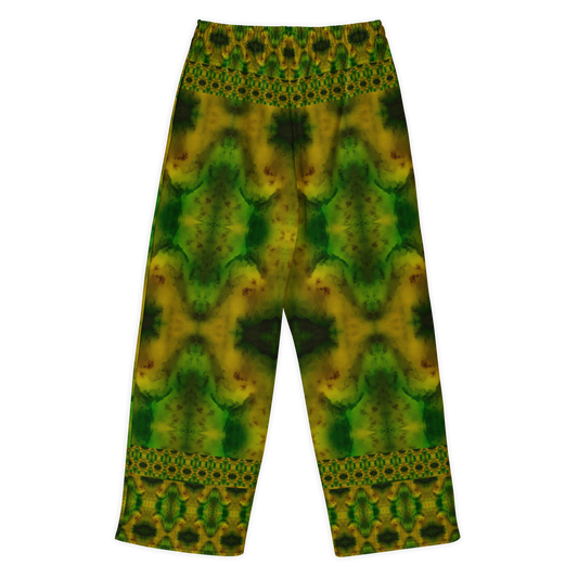 Back view of Purely Jade Light cotton wide leg trousers with elastic waistband and deep green and gold jade print with large mirrored chambers by River Jade Smithy.