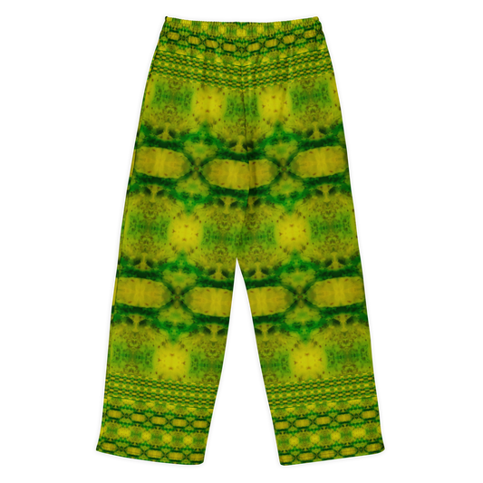 Back view of Purely Jade Light cotton wide leg trousers with elastic waistband and green-and-gold mirrored jade print with soft horizontal chamber bands by River Jade Smithy.