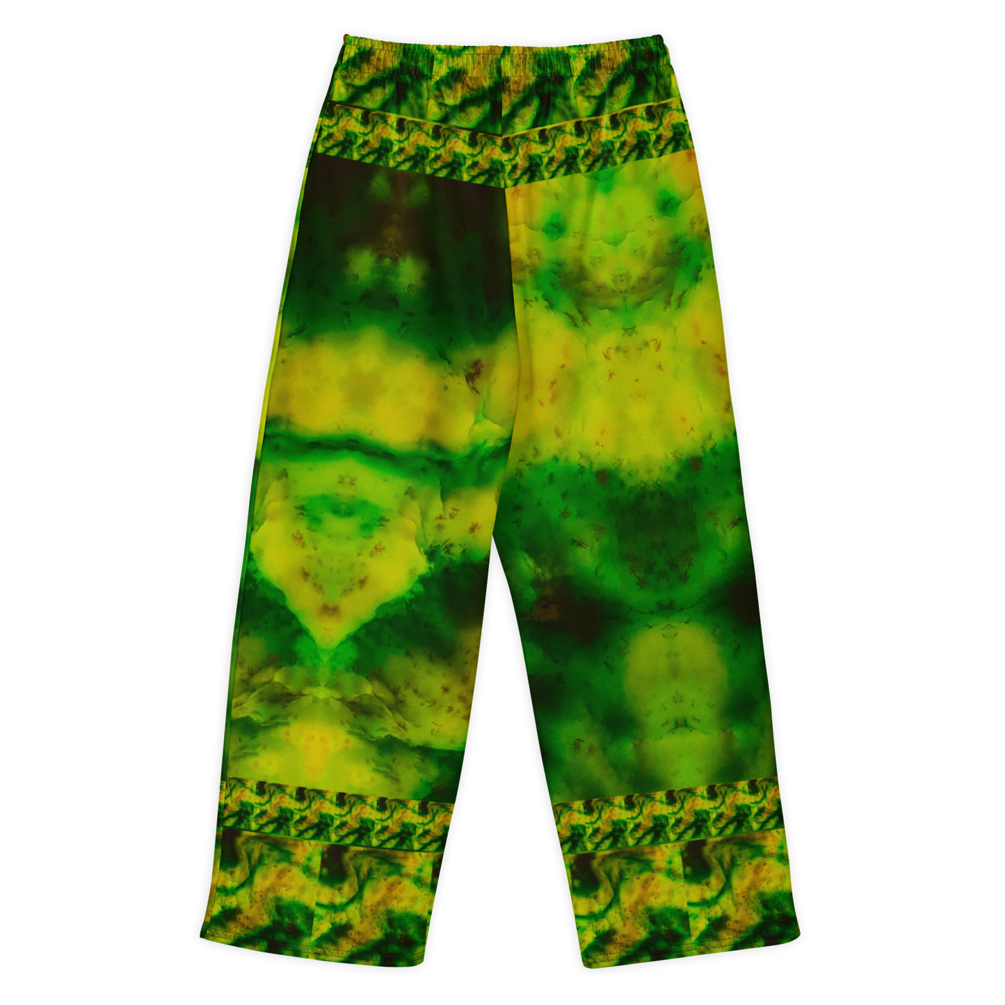 Back view of Purely Jade Light cotton wide leg trousers with elastic waistband and large soft jade-green and gold field with patterned border bands by River Jade Smithy.