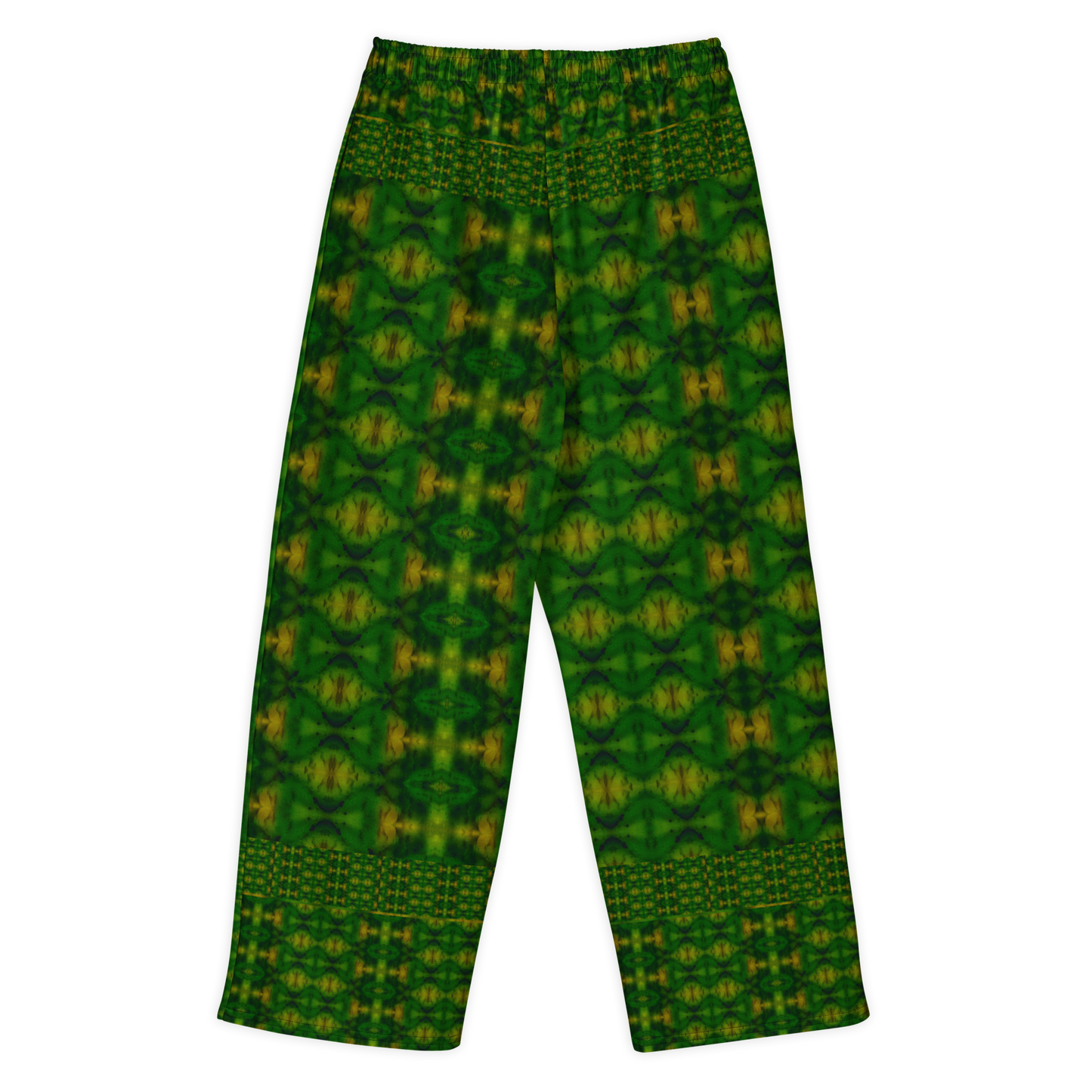 Back view of Purely Jade Light cotton wide leg trousers with elastic waistband and dark jade-green print with gold medallions and patterned border bands by River Jade Smithy.