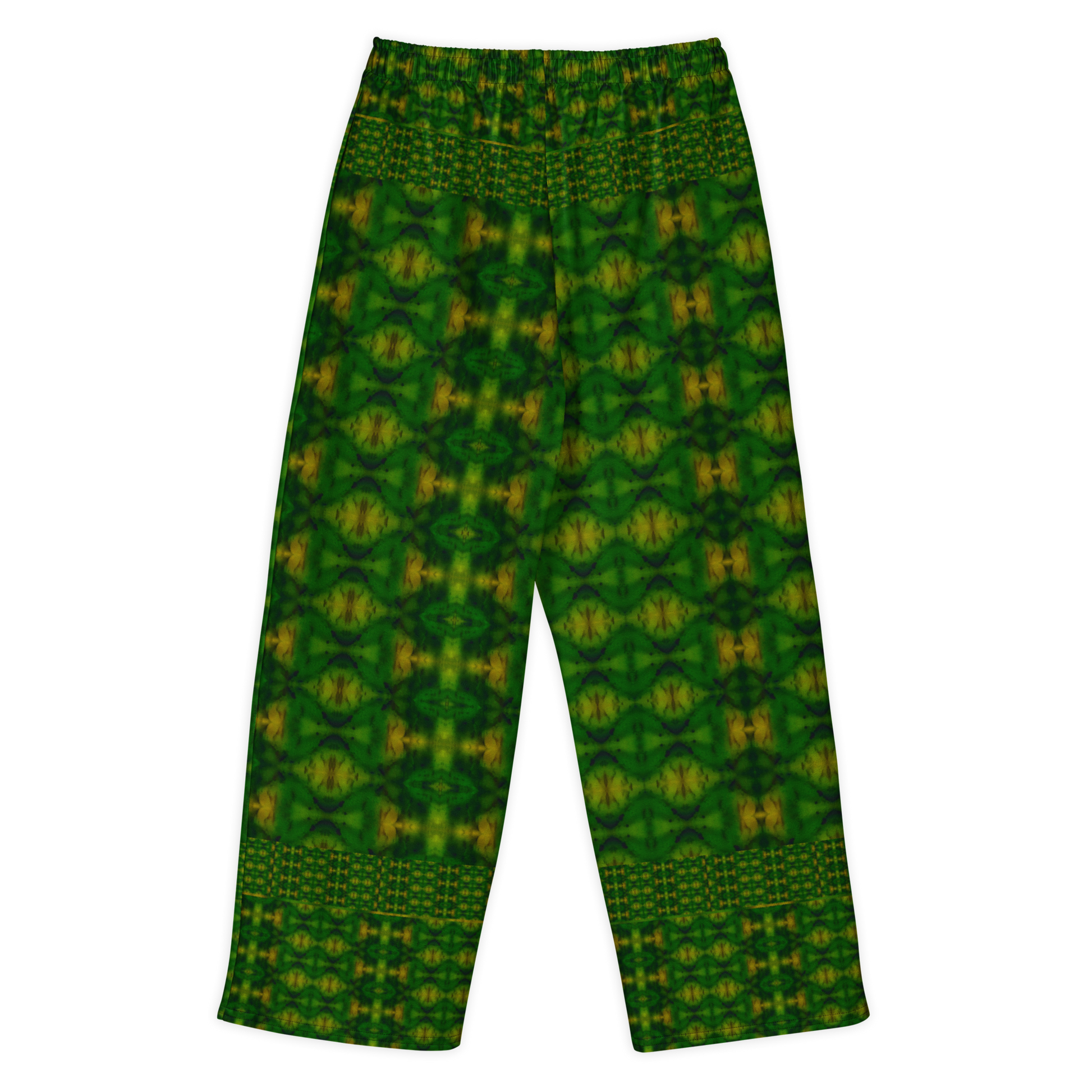 Back view of Purely Jade Light cotton wide leg trousers with elastic waistband and dark jade-green print with gold medallions and patterned border bands by River Jade Smithy.