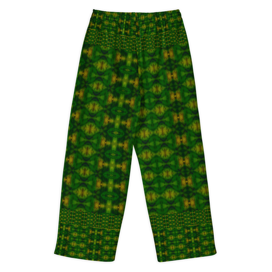 Back view of Purely Jade Light cotton wide leg trousers with elastic waistband and dark jade-green print with gold medallions and patterned border bands by River Jade Smithy.