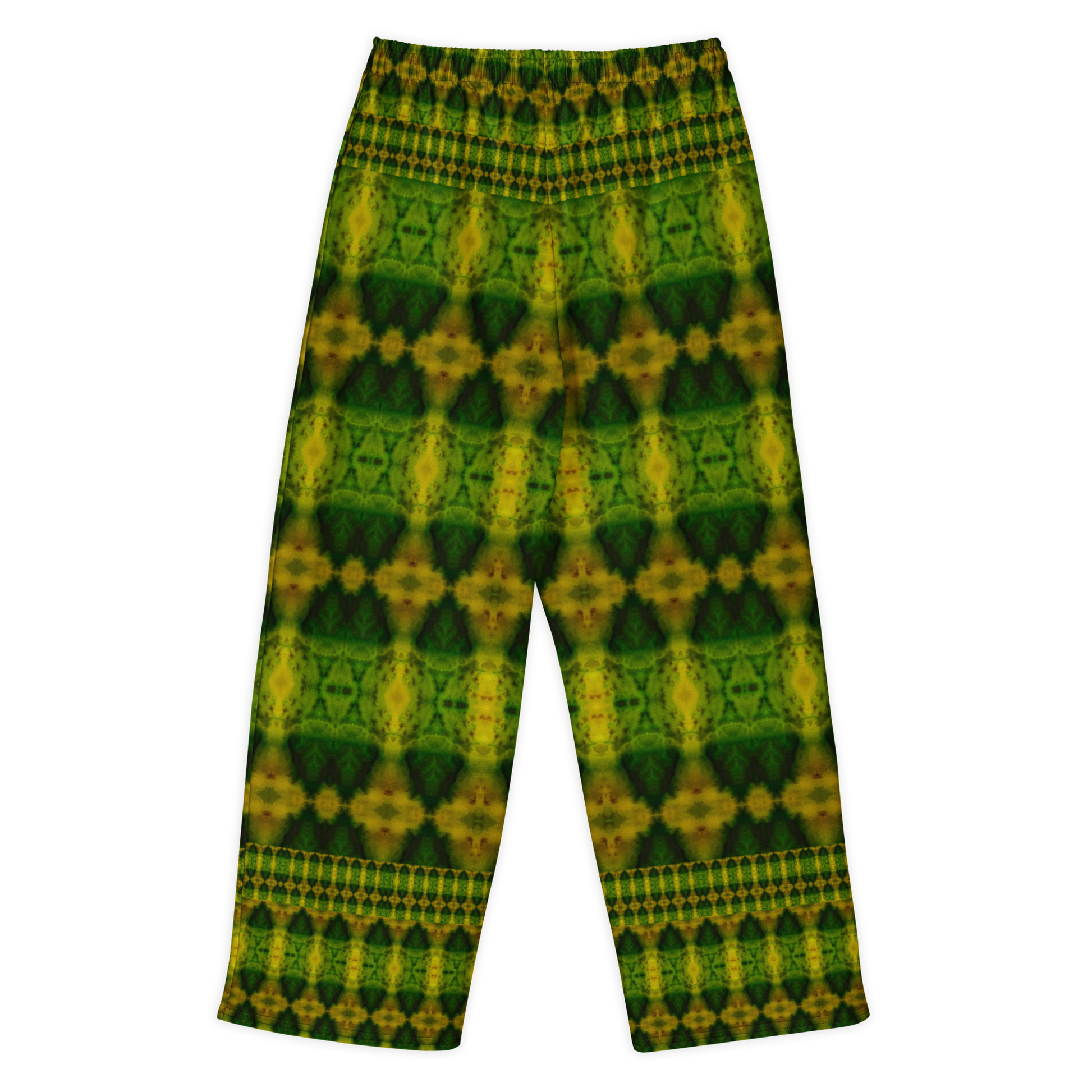 Back view of Purely Jade Light cotton wide leg trousers with elastic waistband and green-and-gold repeat print with small chambered medallions by River Jade Smithy.