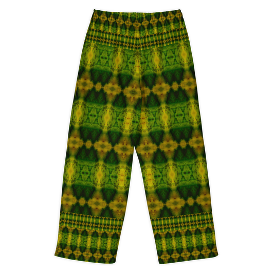 Back view of Purely Jade Light cotton wide leg trousers with elastic waistband and green-and-gold repeat print with small chambered medallions by River Jade Smithy.