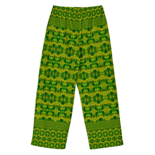 Back view of Purely Jade Light cotton wide leg trousers with elastic waistband and deep green jade print with broad translucent mineral panels by River Jade Smithy.