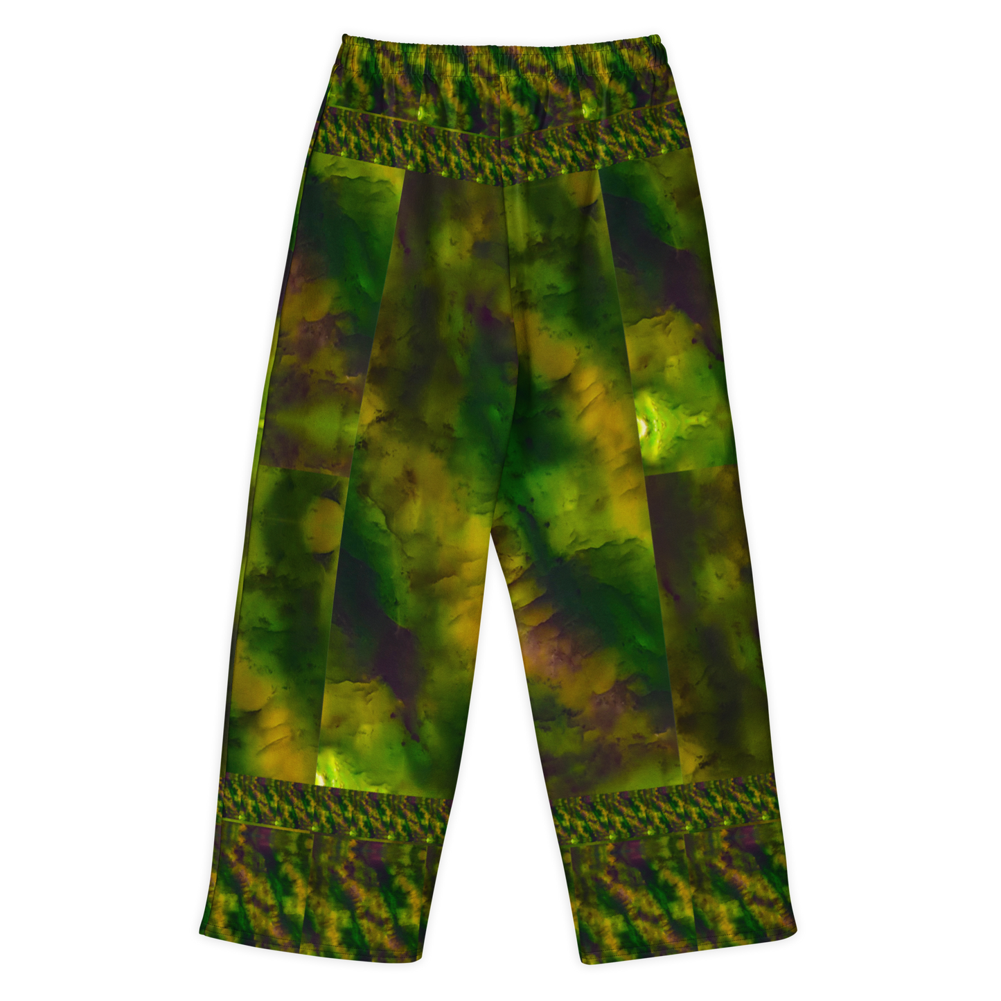 Back view of Purely Jade Light cotton wide leg trousers with elastic waistband and soft green-and-gold jade print with large central medallion shapes by River Jade Smithy.