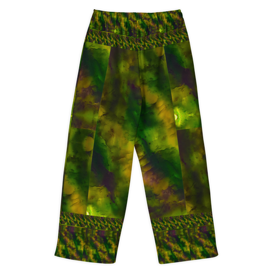 Back view of Purely Jade Light cotton wide leg trousers with elastic waistband and soft green-and-gold jade print with large central medallion shapes by River Jade Smithy.