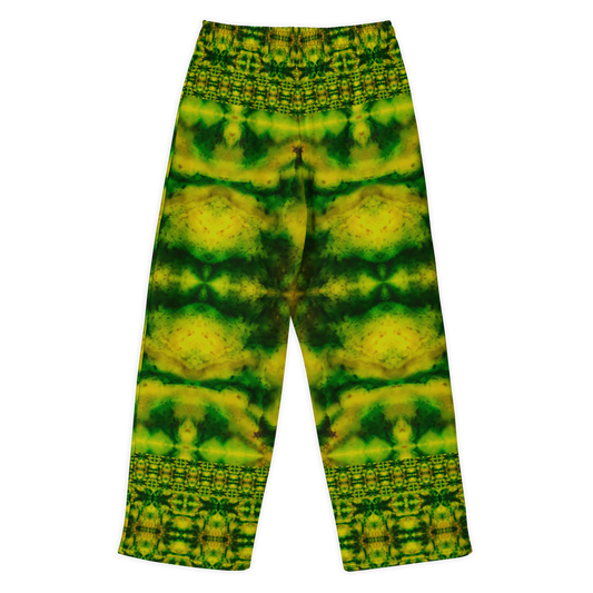Back view of Purely Jade Light cotton wide leg trousers with elastic waistband and green-and-gold jade field with large blurred horizontal chamber forms by River Jade Smithy.