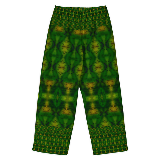 Back view of Purely Jade Light cotton wide leg trousers with elastic waistband and deep green jade print with gold medallions and lower patterned band by River Jade Smithy.