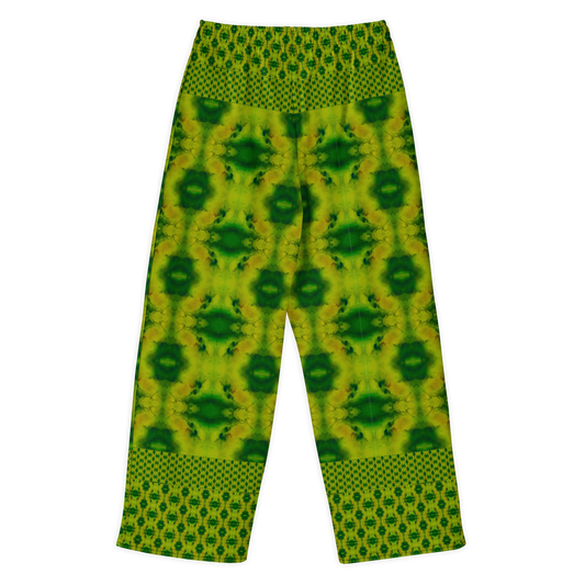 Back view of Purely Jade Light cotton wide leg trousers with elastic waistband and green jade print with large dark chambered medallions and border bands by River Jade Smithy.