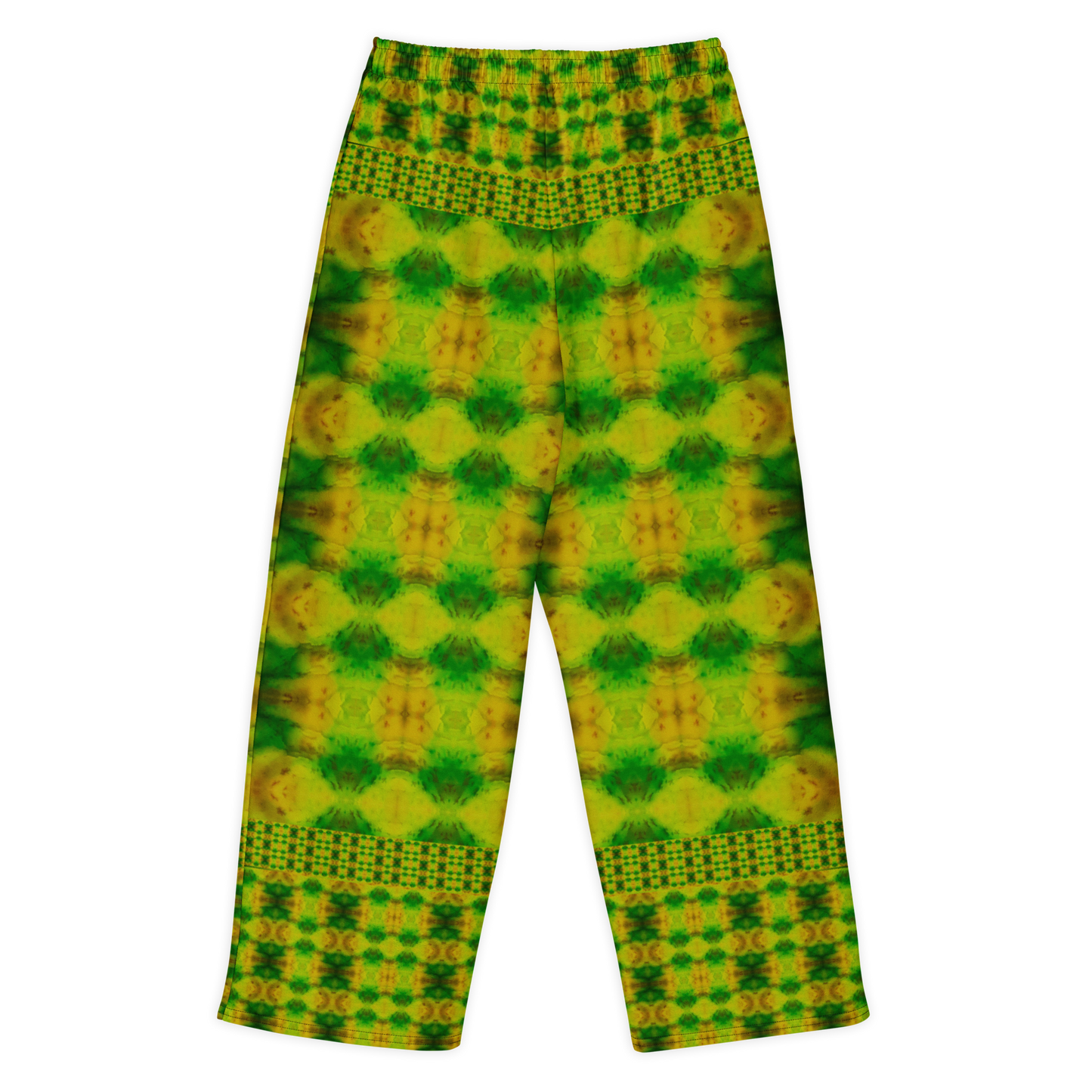 Back view of Purely Jade Light cotton wide leg trousers with elastic waistband and yellow-green jade print with pale medallion shapes and checkered bands by River Jade Smithy.