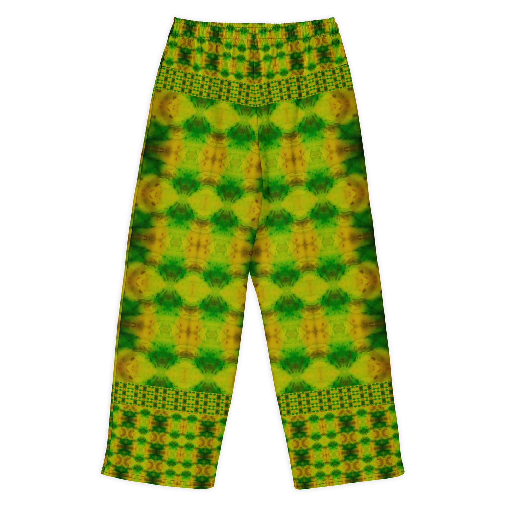 Back view of Purely Jade Light cotton wide leg trousers with elastic waistband and yellow-green jade print with pale medallion shapes and checkered bands by River Jade Smithy.