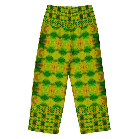 Back view of Purely Jade Light cotton wide leg trousers with elastic waistband and yellow-green jade print with pale medallion shapes and checkered bands by River Jade Smithy.