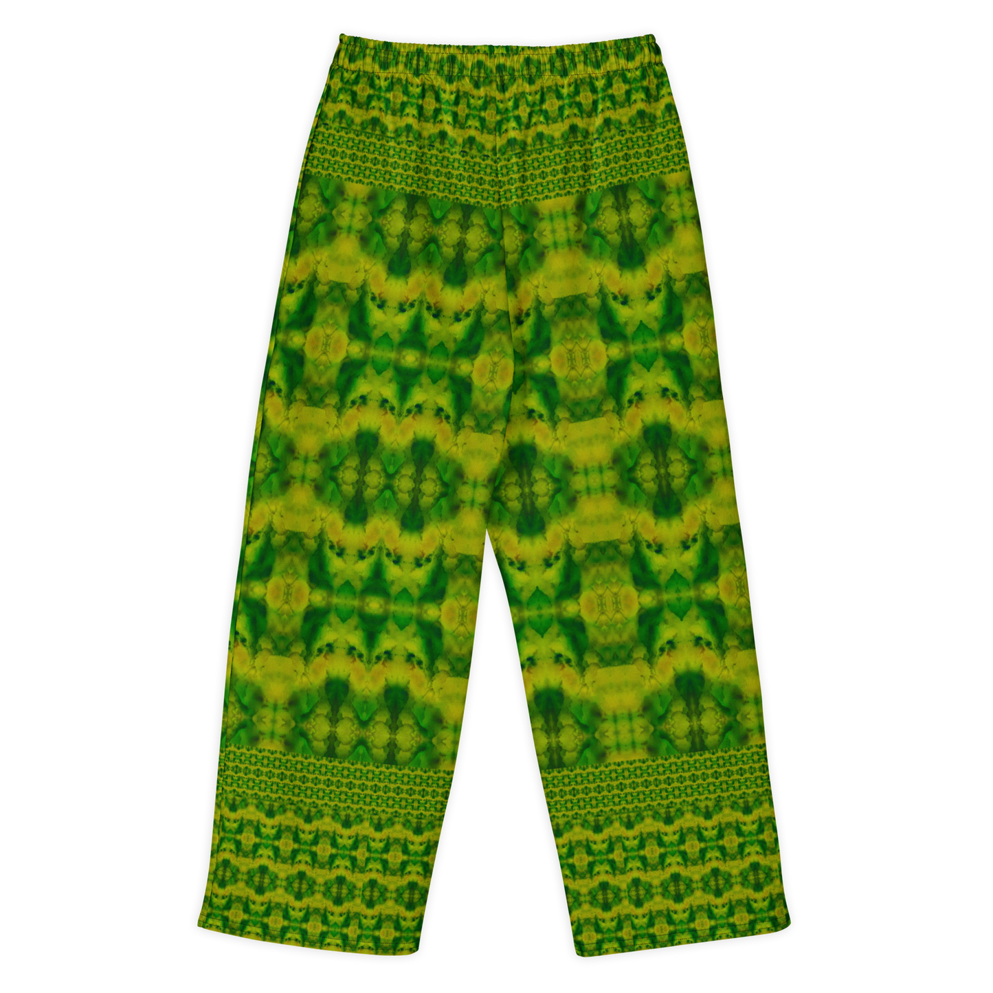 Back view of Purely Jade Light cotton wide leg trousers with elastic waistband and soft green jade field with patterned upper and lower bands by River Jade Smithy.