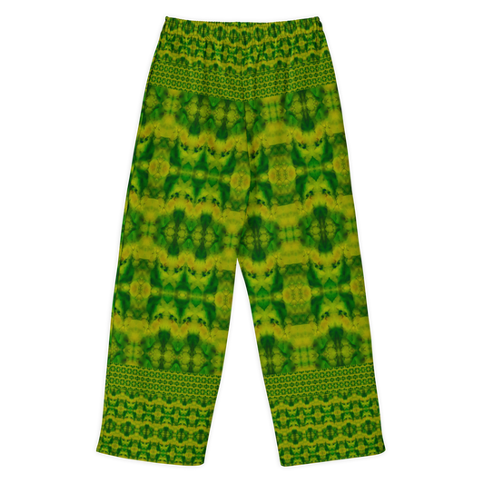 Back view of Purely Jade Light cotton wide leg trousers with elastic waistband and soft green jade field with patterned upper and lower bands by River Jade Smithy.