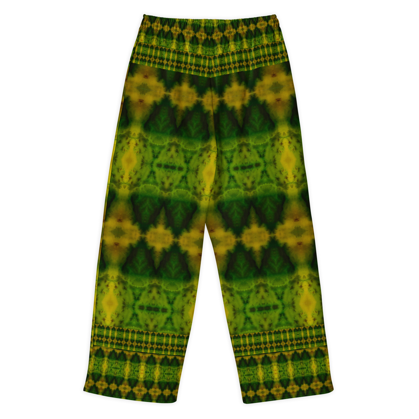 Back view of Purely Jade Light cotton wide leg trousers with elastic waistband and large green-and-gold chambered jade pattern with border bands by River Jade Smithy.