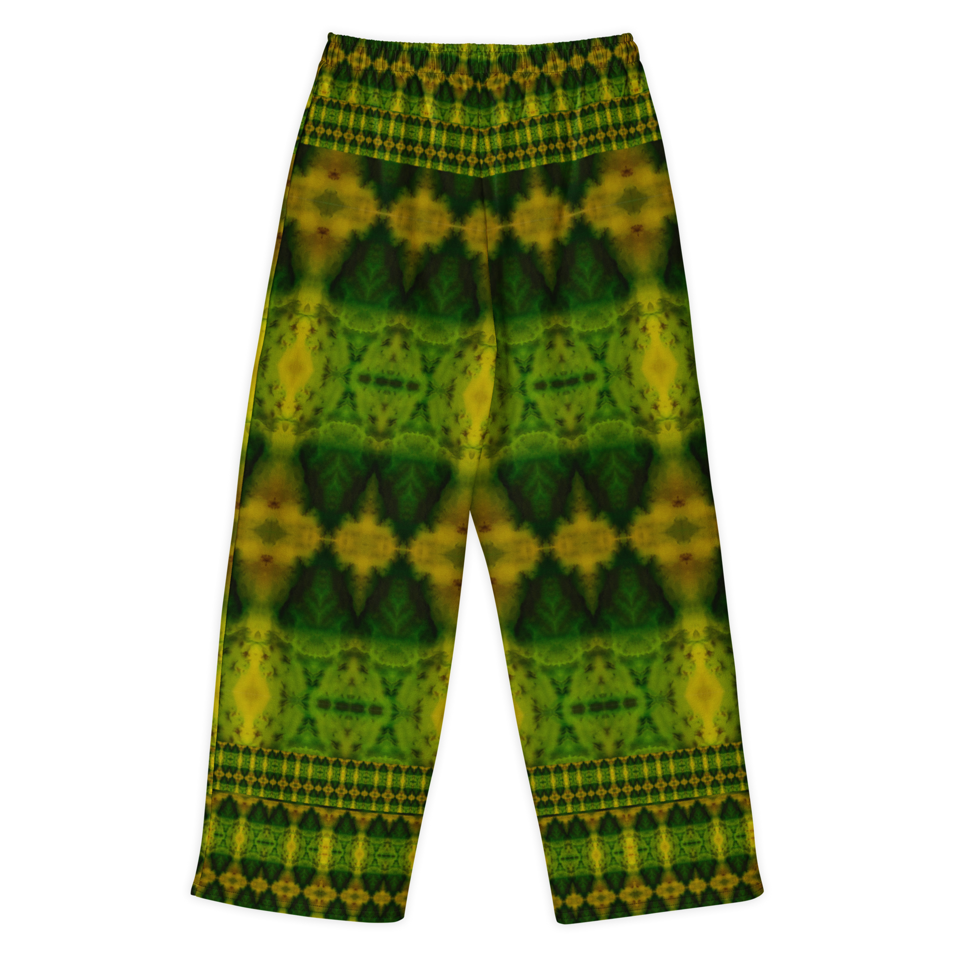 Back view of Purely Jade Light cotton wide leg trousers with elastic waistband and large green-and-gold chambered jade pattern with border bands by River Jade Smithy.