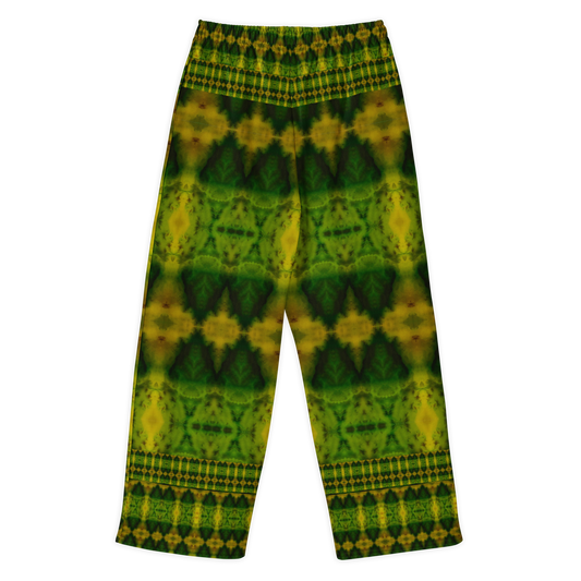 Back view of Purely Jade Light cotton wide leg trousers with elastic waistband and large green-and-gold chambered jade pattern with border bands by River Jade Smithy.