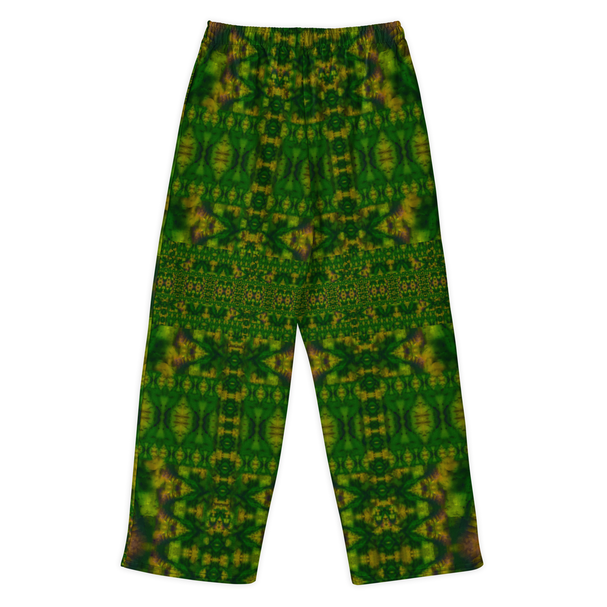 Back view of Purely Jade Light cotton wide leg trousers with elastic waistband and deep green jade print with dense lattice and plum-shadow hints by River Jade Smithy.