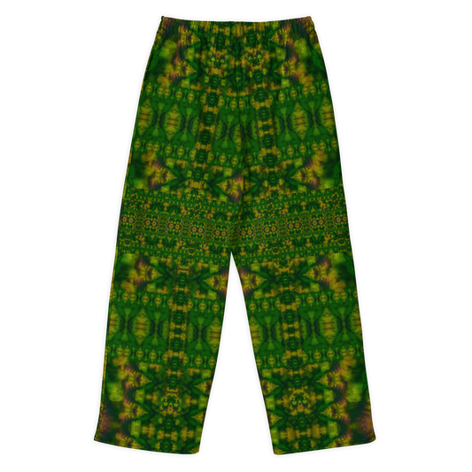 Back view of Purely Jade Light cotton wide leg trousers with elastic waistband and deep green jade print with dense lattice and plum-shadow hints by River Jade Smithy.