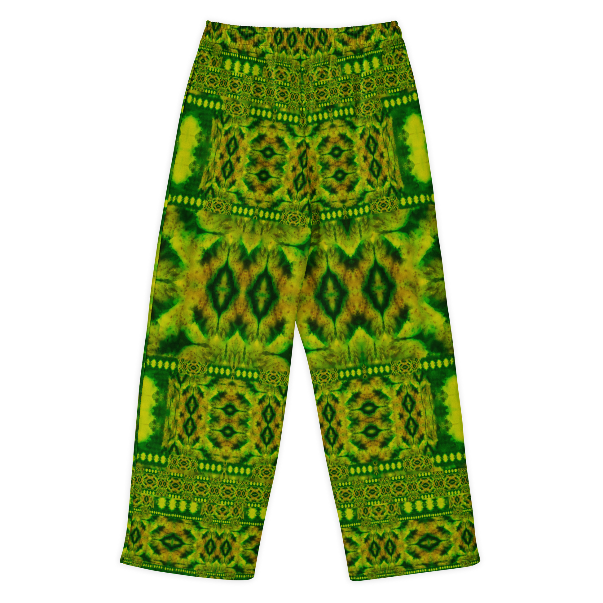 Back view of Purely Jade Light cotton wide leg trousers with elastic waistband and deep green-and-gold jade print with framed diamond panels by River Jade Smithy.