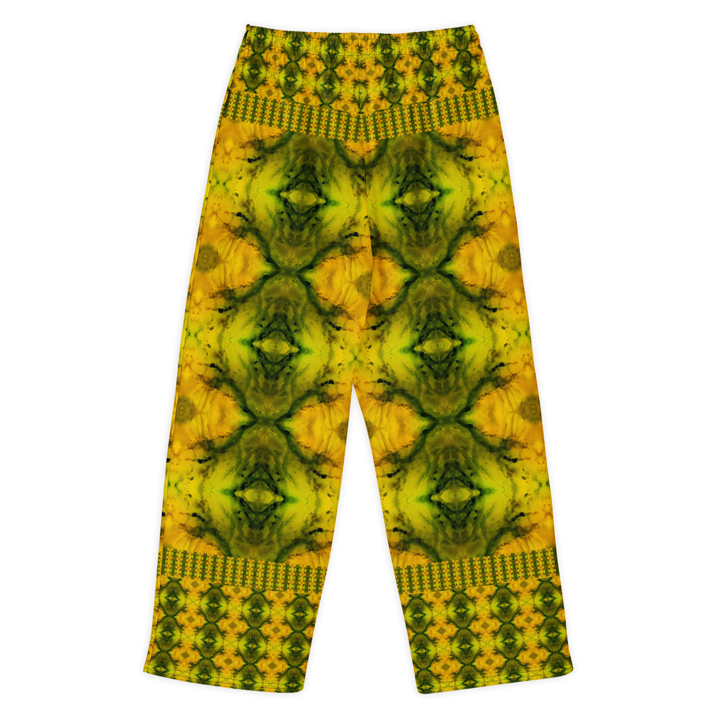 Back view of Purely Jade Light cotton wide leg trousers with elastic waistband and gold-green jade print with large mirrored diamond medallions by River Jade Smithy.