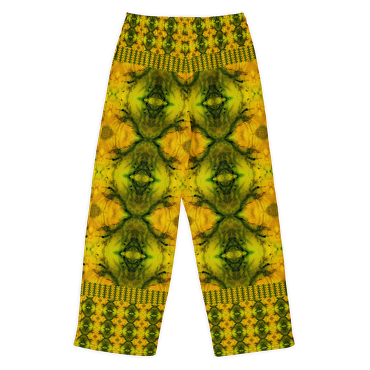 Back view of Purely Jade Light cotton wide leg trousers with elastic waistband and gold-green jade print with large mirrored diamond medallions by River Jade Smithy.