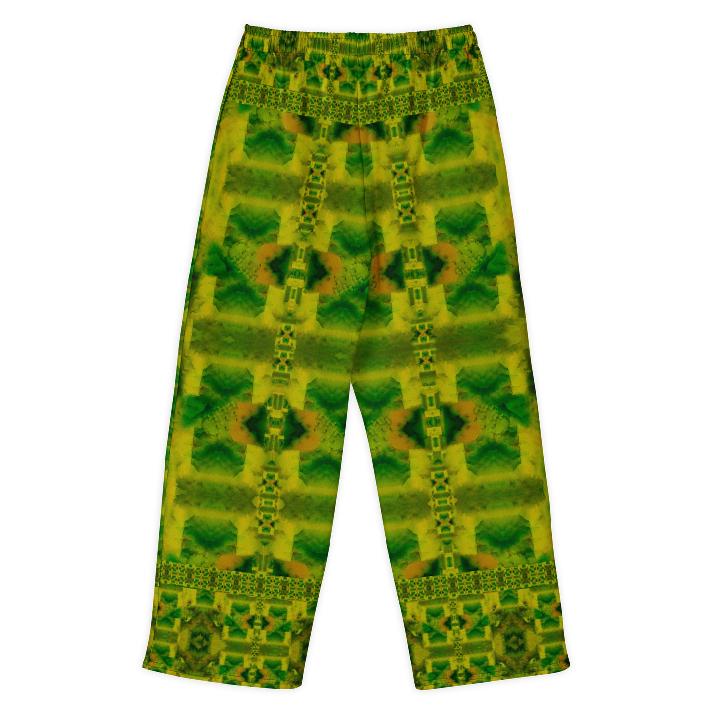 Back view of Purely Jade Light cotton wide leg trousers with elastic waistband and soft green-gold jade print with ladder-like vertical chamber details by River Jade Smithy.