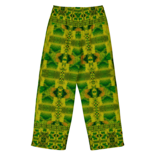 Back view of Purely Jade Light cotton wide leg trousers with elastic waistband and soft green-gold jade print with ladder-like vertical chamber details by River Jade Smithy.