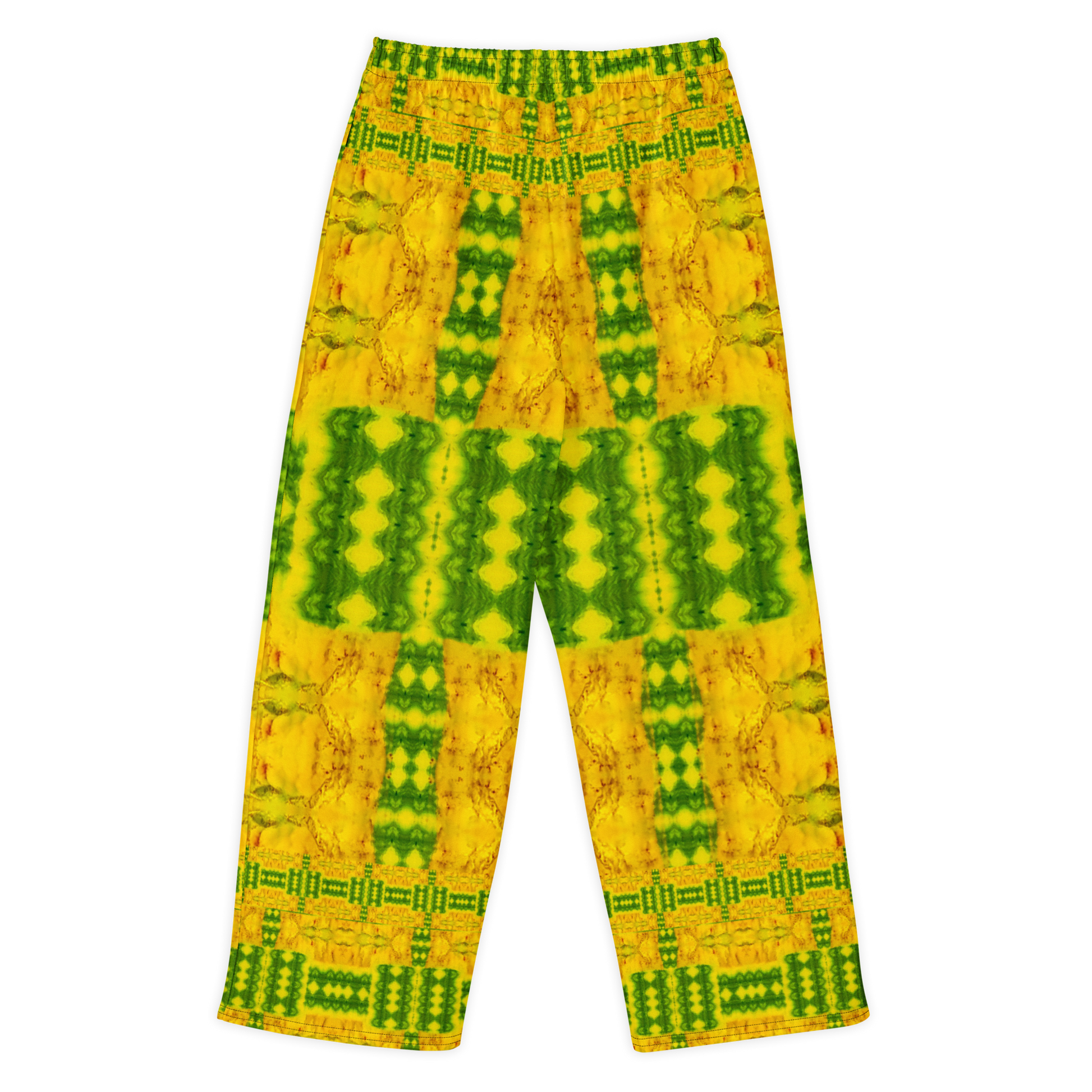 Back view of Purely Jade Light cotton wide leg trousers with elastic waistband and gold jade print with bold green central panel bands by River Jade Smithy.