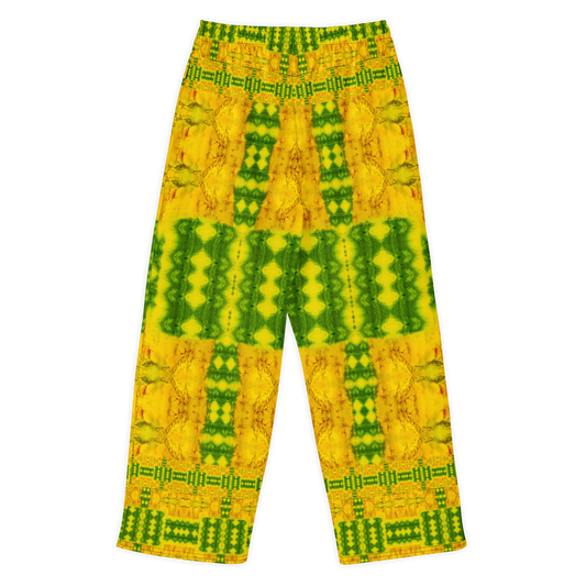 Back view of Purely Jade Light cotton wide leg trousers with elastic waistband and gold jade print with bold green central panel bands by River Jade Smithy.
