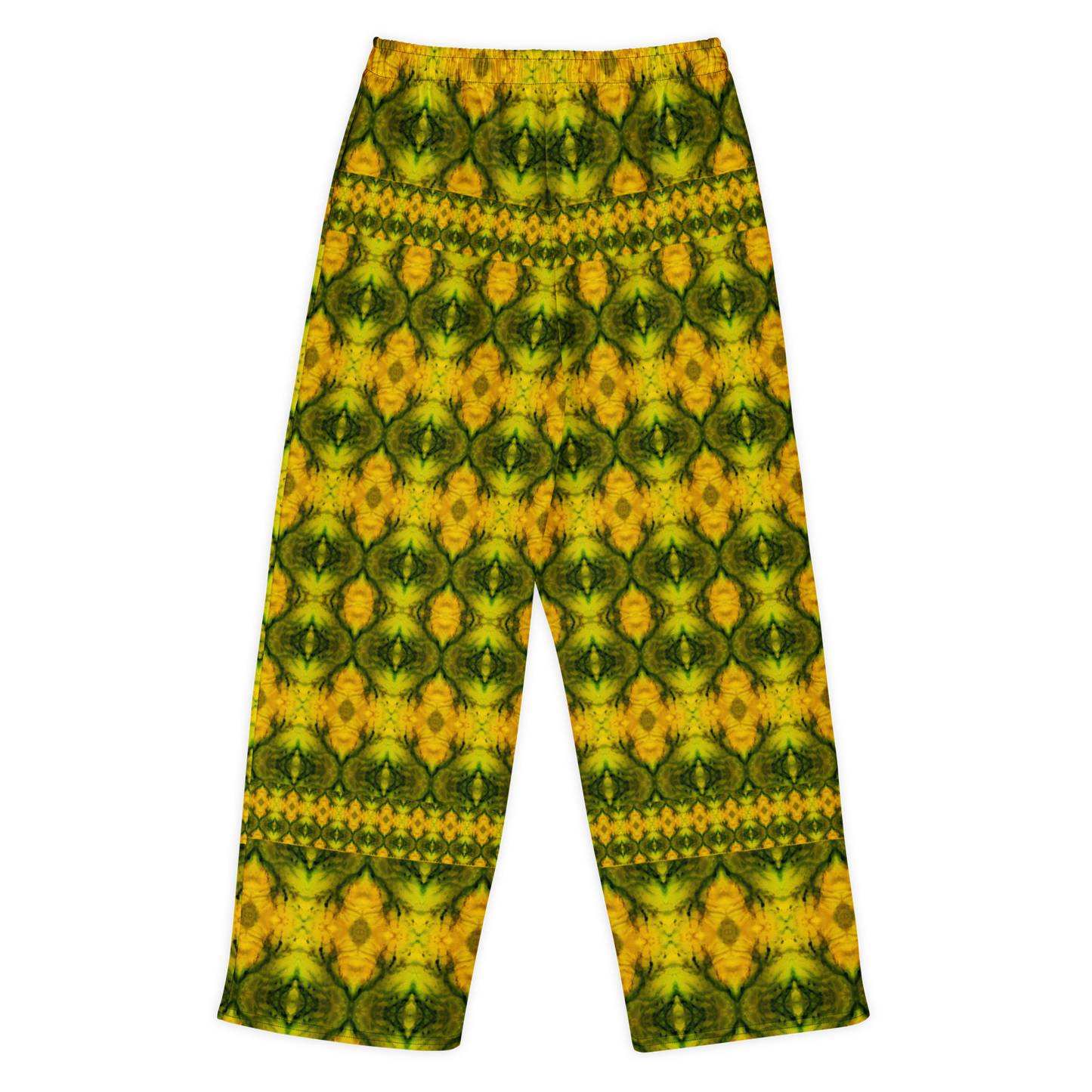 Back view of Purely Jade Light cotton wide leg trousers with elastic waistband and gold-forward jade print with strong green center panels by River Jade Smithy.