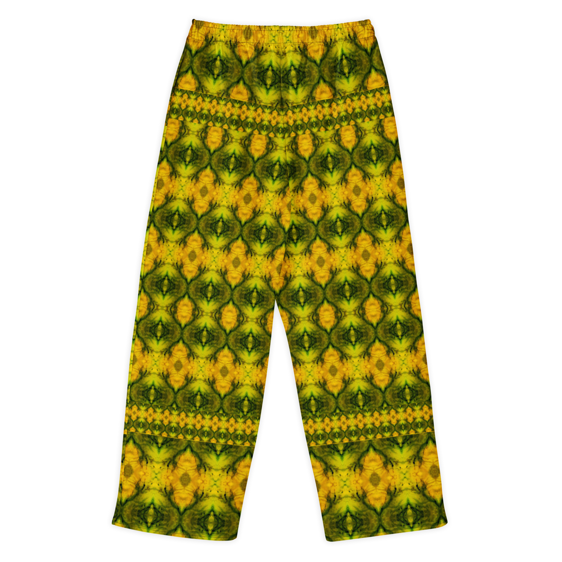 Back view of Purely Jade Light cotton wide leg trousers with elastic waistband and gold-forward jade print with strong green center panels by River Jade Smithy.