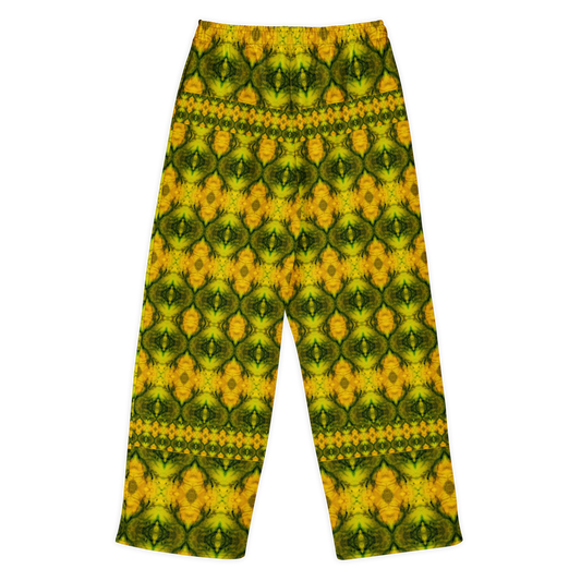 Back view of Purely Jade Light cotton wide leg trousers with elastic waistband and gold-forward jade print with strong green center panels by River Jade Smithy.