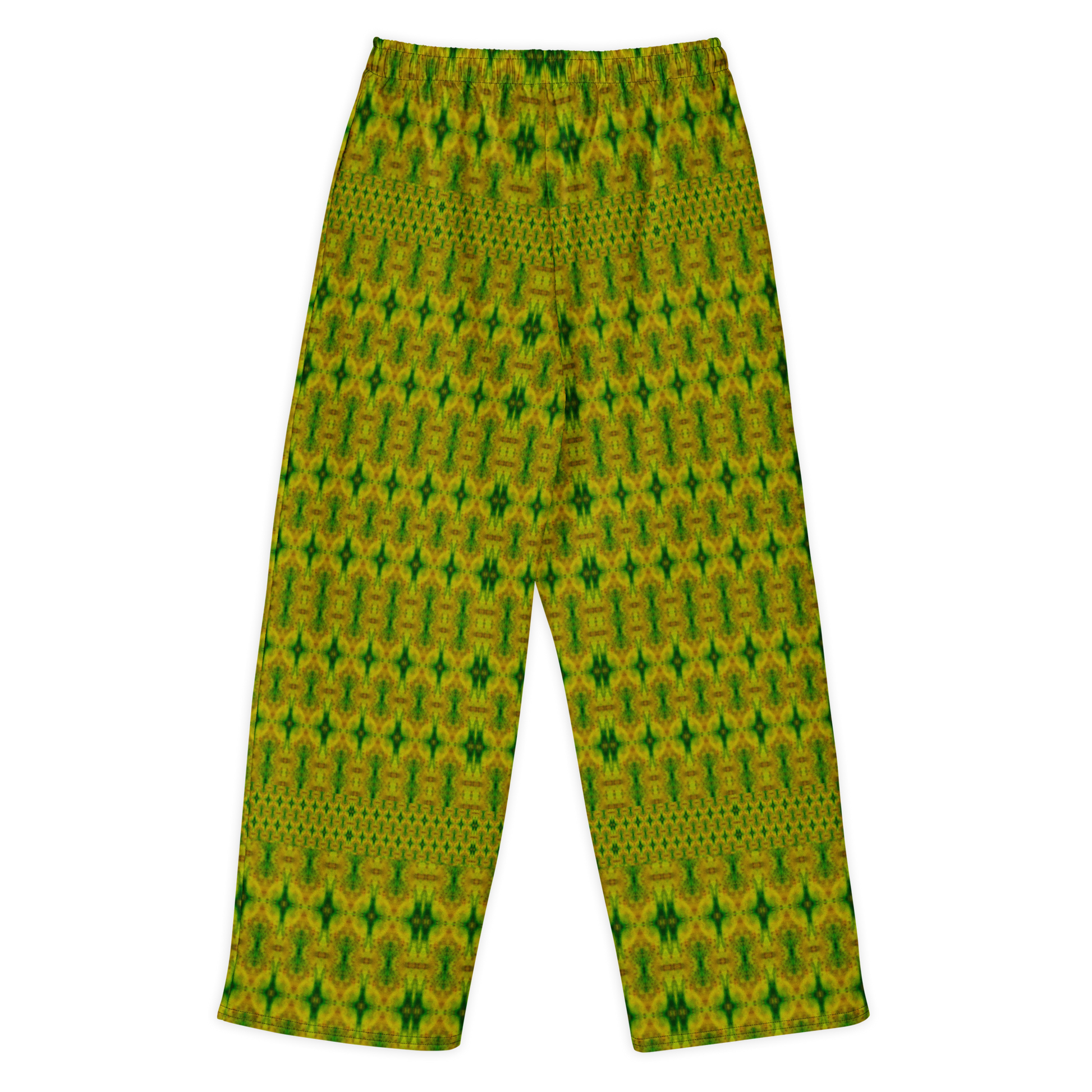 Back view of Purely Jade Light cotton wide leg trousers with elastic waistband and soft green-and-gold jade print with large mirrored chamber shapes by River Jade Smithy.