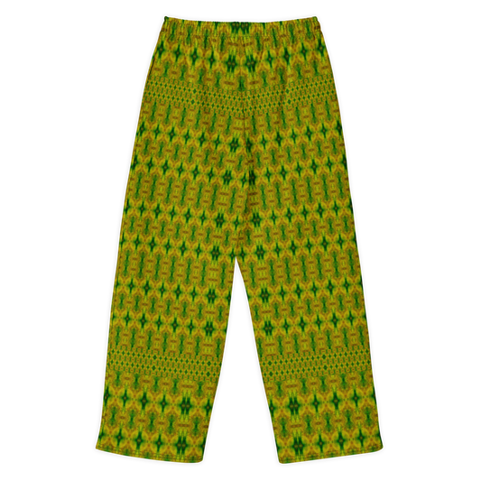 Back view of Purely Jade Light cotton wide leg trousers with elastic waistband and soft green-and-gold jade print with large mirrored chamber shapes by River Jade Smithy.