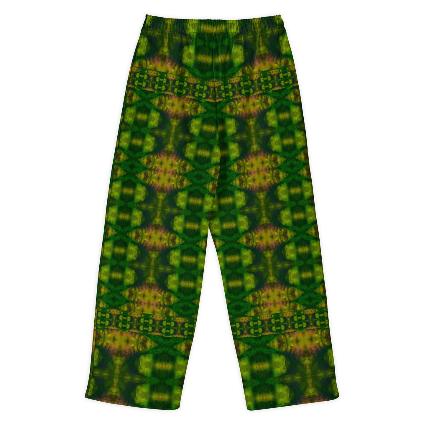 Back view of Purely Jade Light cotton wide leg trousers with elastic waistband and green-and-gold mirrored jade print with vertical panel-like structure by River Jade Smithy.