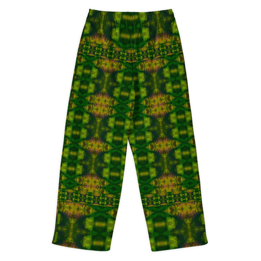 Back view of Purely Jade Light cotton wide leg trousers with elastic waistband and green-and-gold mirrored jade print with vertical panel-like structure by River Jade Smithy.