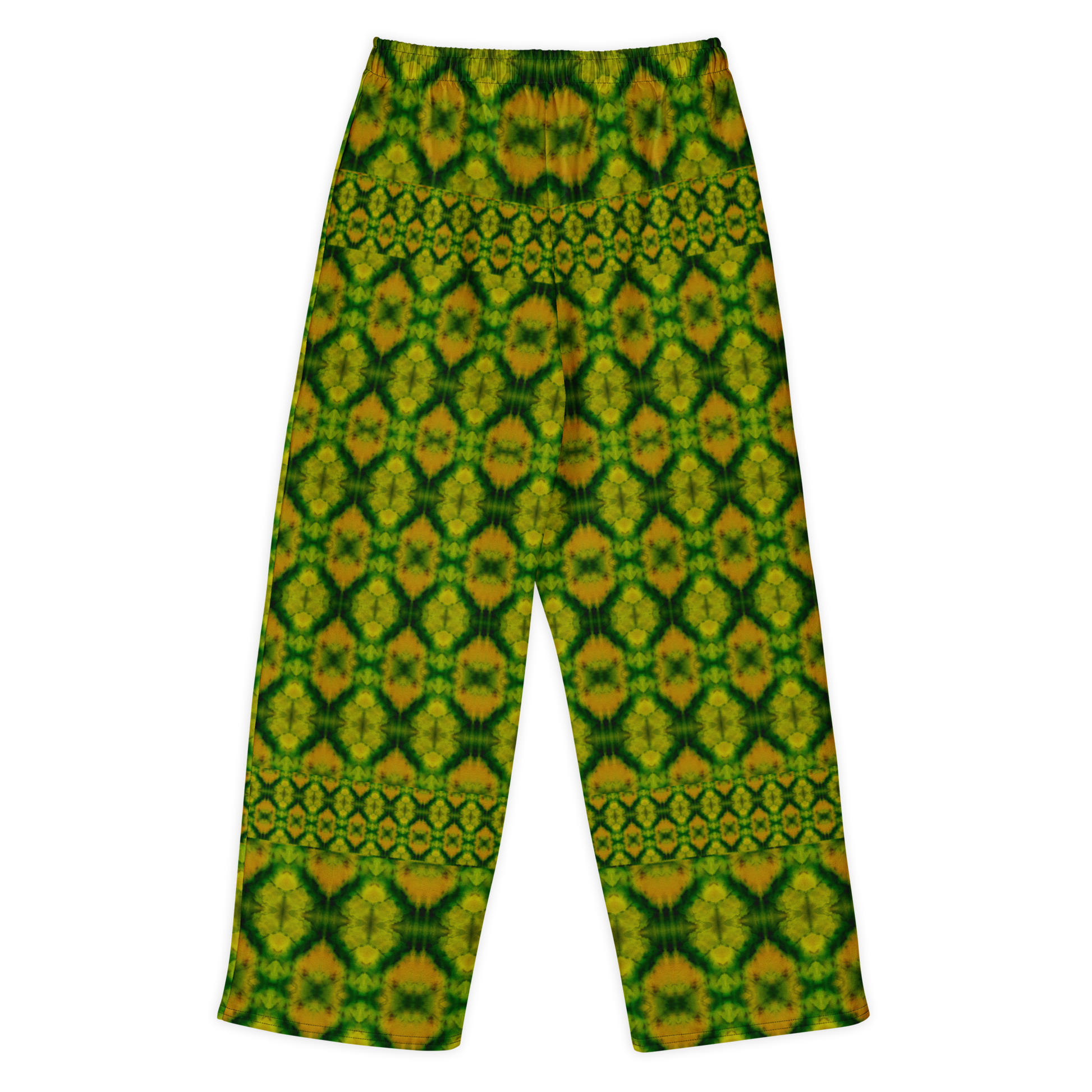 Back view of Purely Jade Light cotton wide leg trousers with elastic waistband and yellow-green jade print with leaf-like diamond lattice by River Jade Smithy.