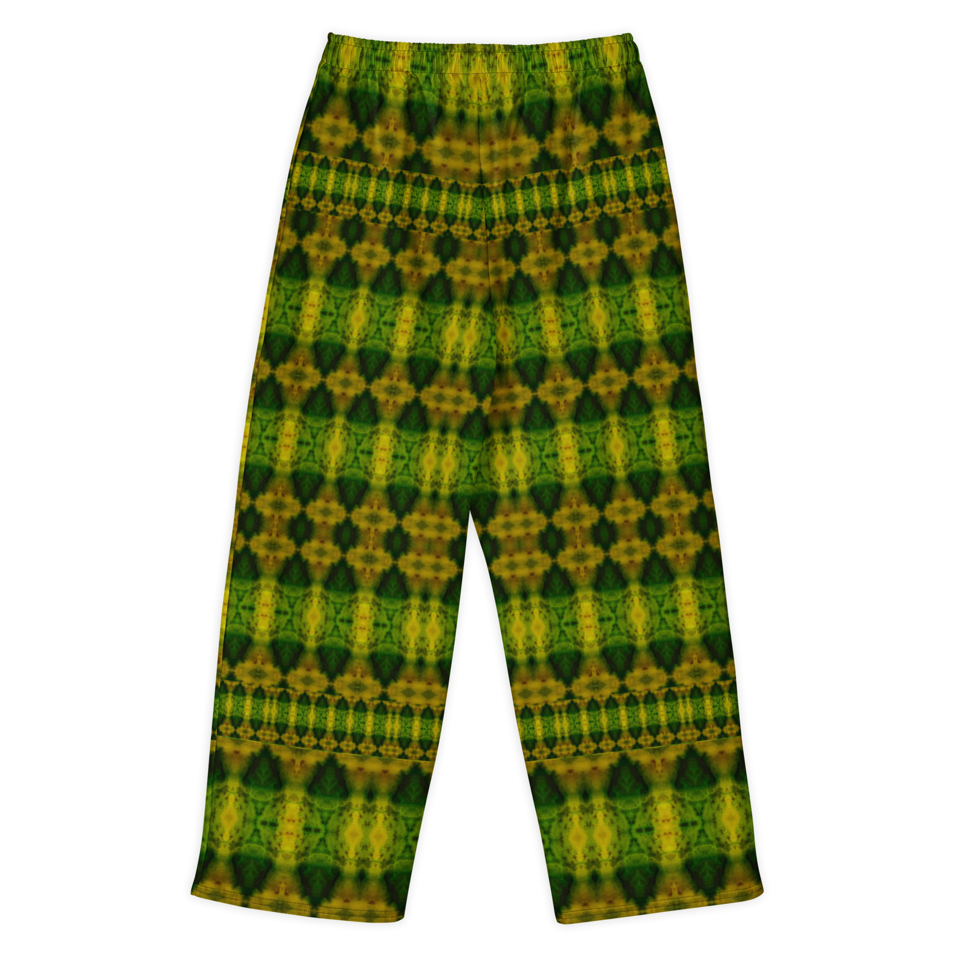 Back view of Purely Jade Light cotton wide leg trousers with elastic waistband and dark green jade print with gold medallions and narrow border bands by River Jade Smithy.