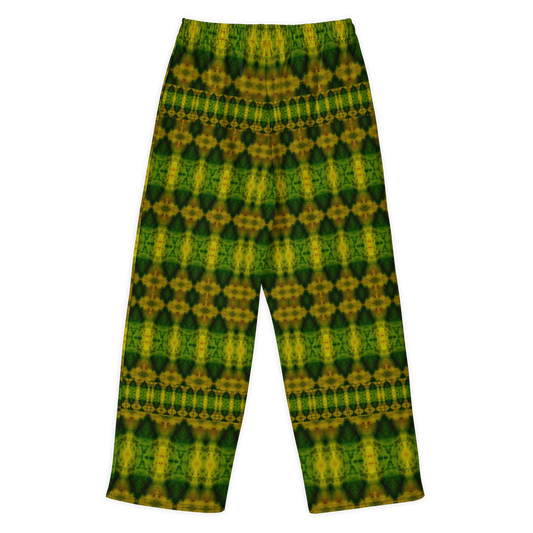 Back view of Purely Jade Light cotton wide leg trousers with elastic waistband and dark green jade print with gold medallions and narrow border bands by River Jade Smithy.