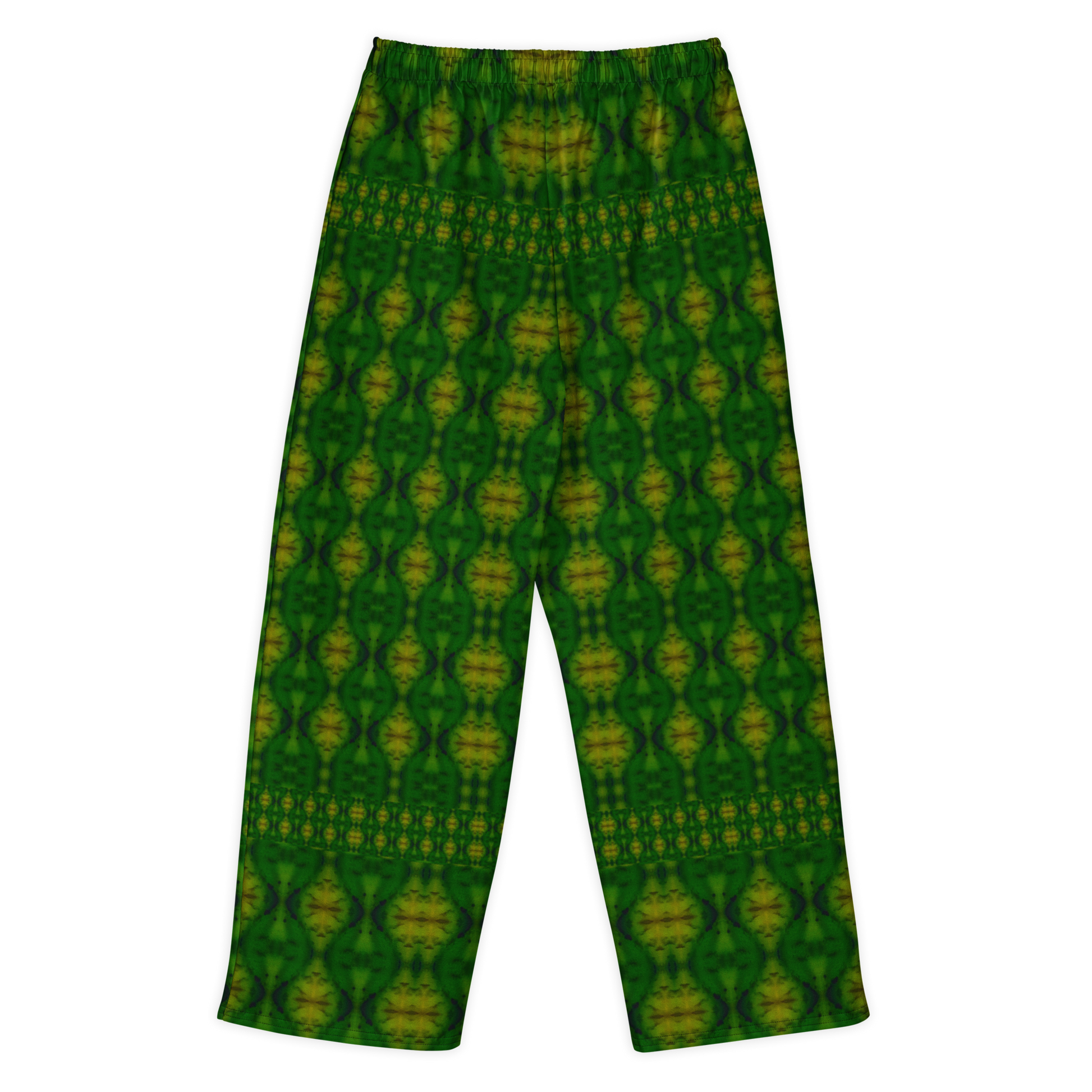 Back view of Purely Jade Light cotton wide leg trousers with elastic waistband and deep green jade print with gold chambered vertical medallions by River Jade Smithy.
