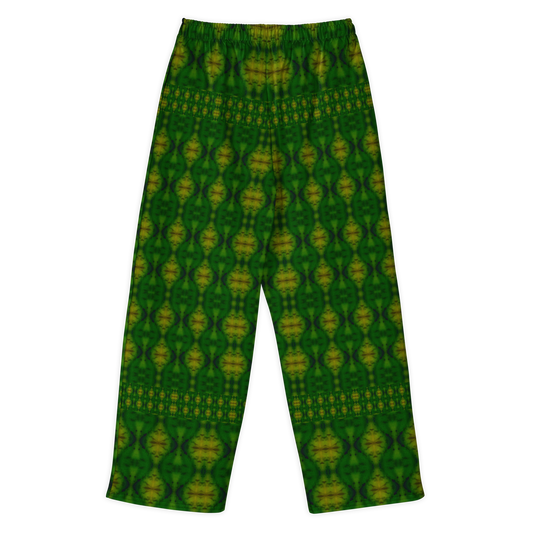 Back view of Purely Jade Light cotton wide leg trousers with elastic waistband and deep green jade print with gold chambered vertical medallions by River Jade Smithy.