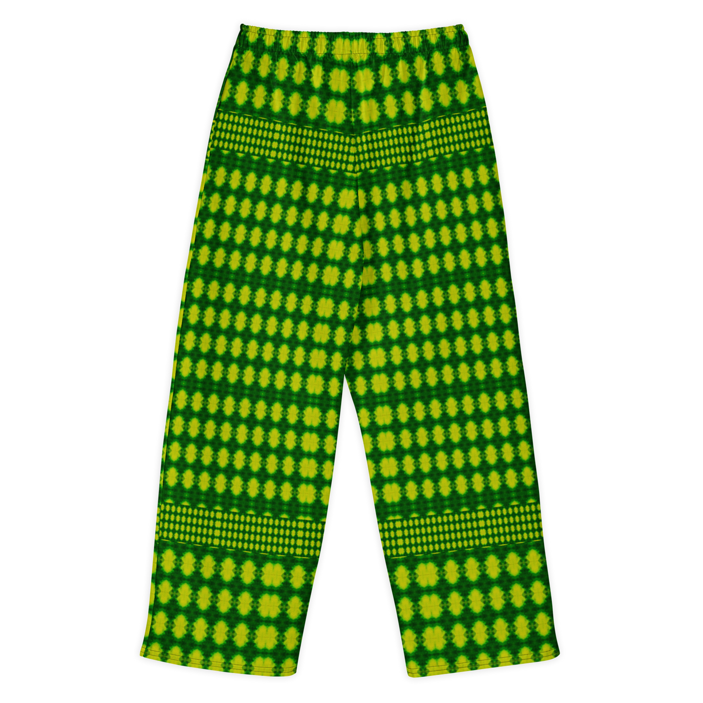 Back view of Purely Jade Light cotton wide leg trousers with elastic waistband and bright lime-green jade print with dotted yellow medallion grid by River Jade Smithy.